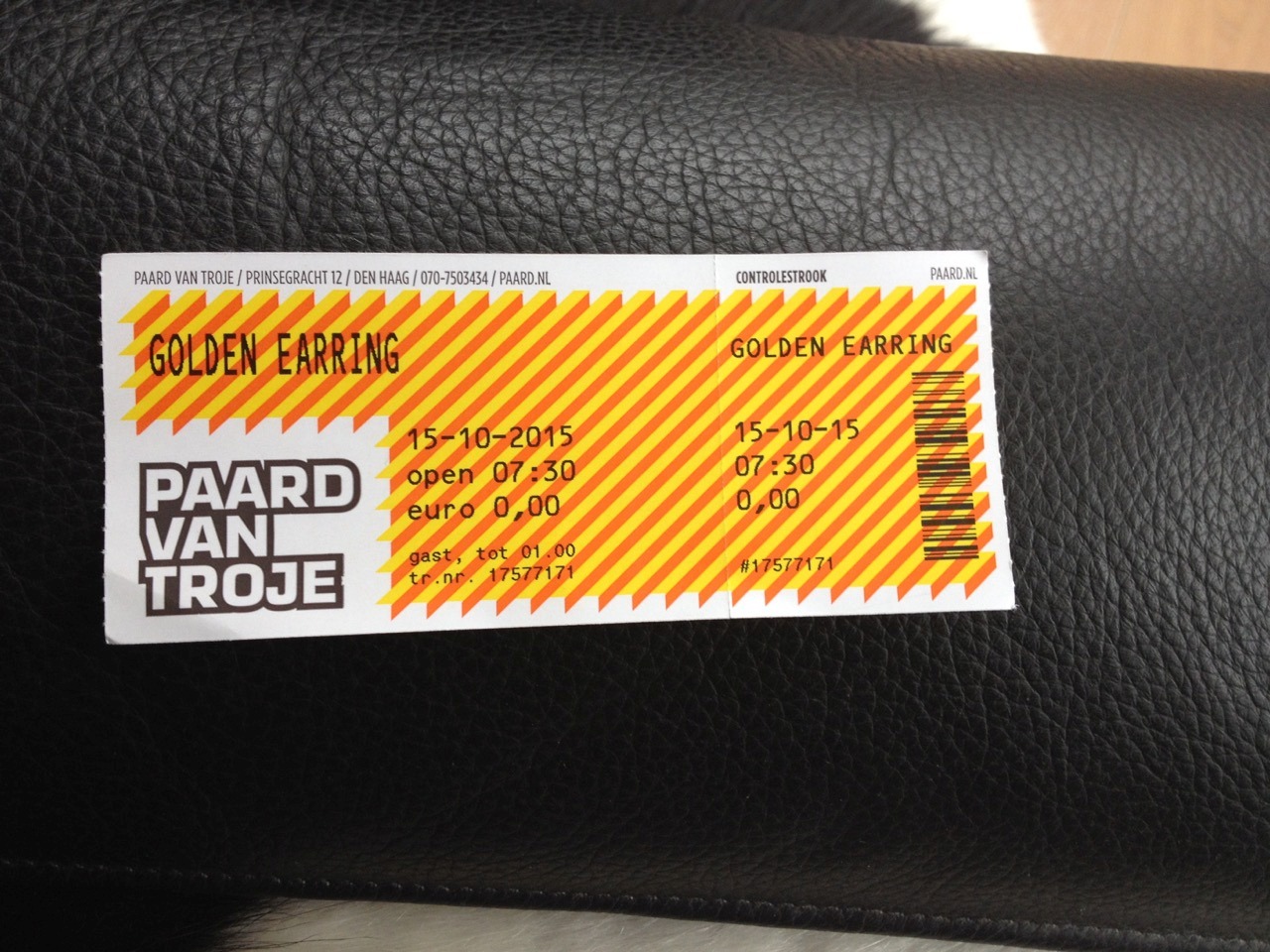 Golden Earring show ticket guest October 15 2015 Paard van Troje Den Haag